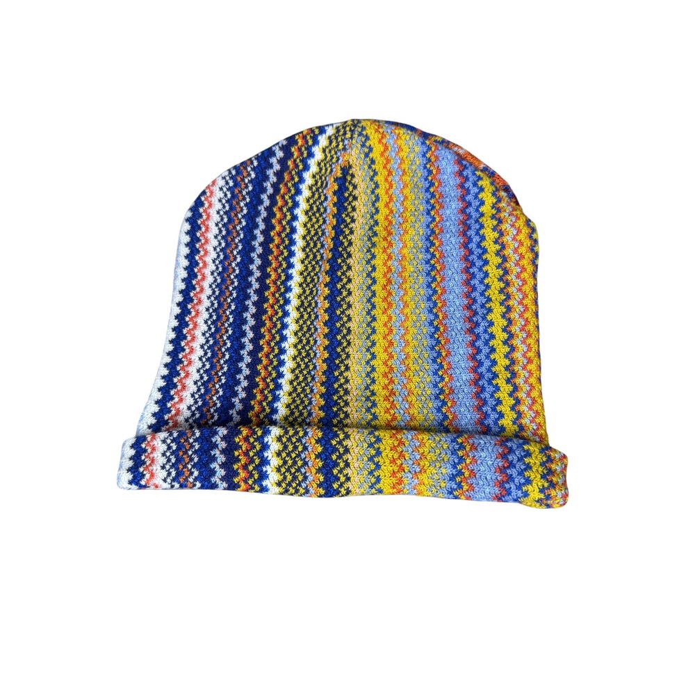 Missoni Knit Beanie Hat Blue Yellow Orange Zig Zag Wool Blend Made in Italy